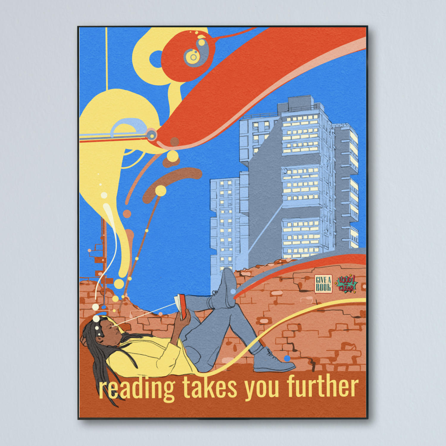 Hand painted psychedelic poster art for prison. Man reads a book and his imagination soars.