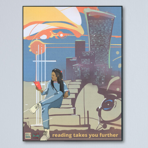 Prison reading poster. No AI. Poster art for Reading Takes You Further literacy project