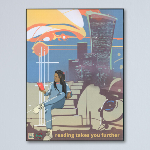Man on a building site reads a book. Hand drawn for the Reading Takes You Further Project.